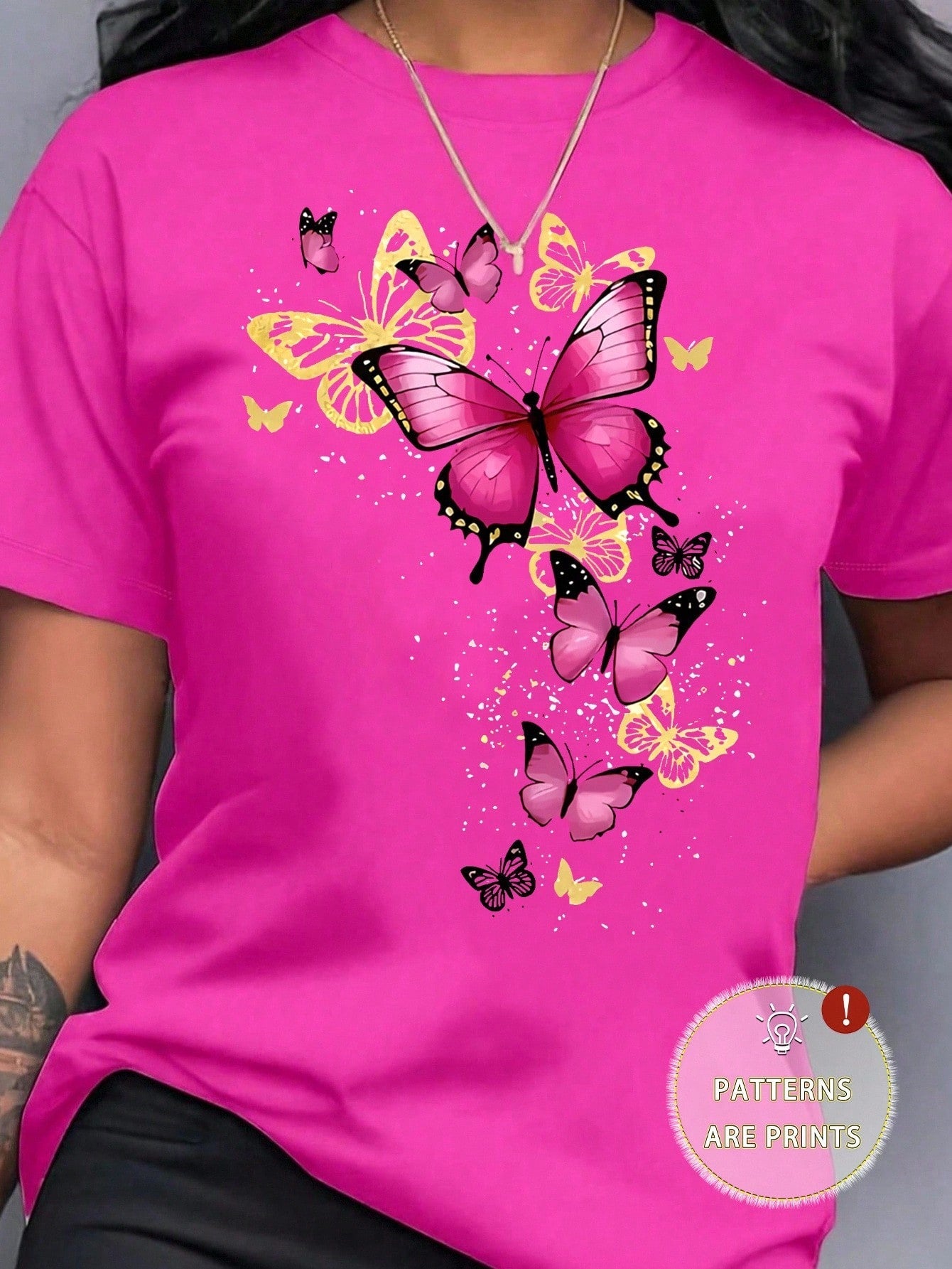Plus Size Women's Casual Butterfly Print Round Neck Short Sleeve T-Shirt, Summer