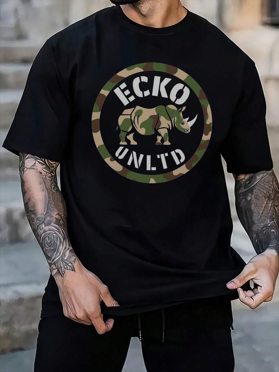 Men Sizes To Choose Short Sleeve Round Neck Summer Style Black T Shirt With Camouflage Rhino And Ecko Unltd Text Men Cotton Black Classic TShirt Men Size S-3XL