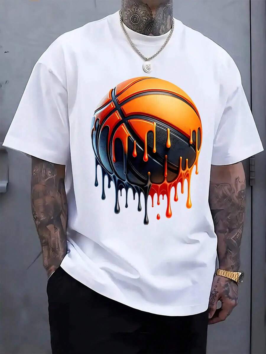 Melting Basketball Pattern Print Men's Crew Neck Short Sleeve T-Shirt Fashion Regular Fit T-Shirt Spring Summer Vacation