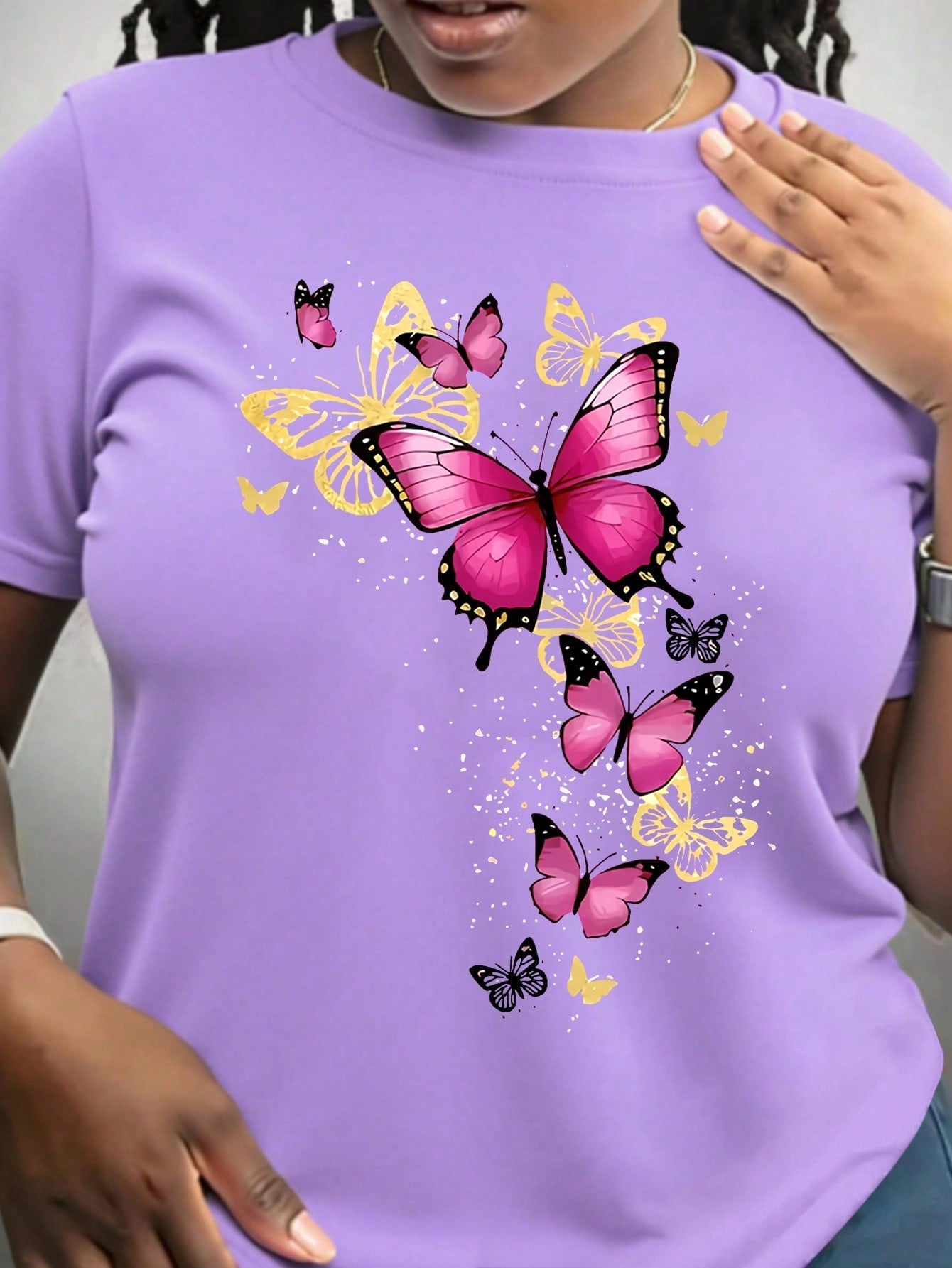 Plus Size Women's Casual Butterfly Print Round Neck Short Sleeve T-Shirt, Summer