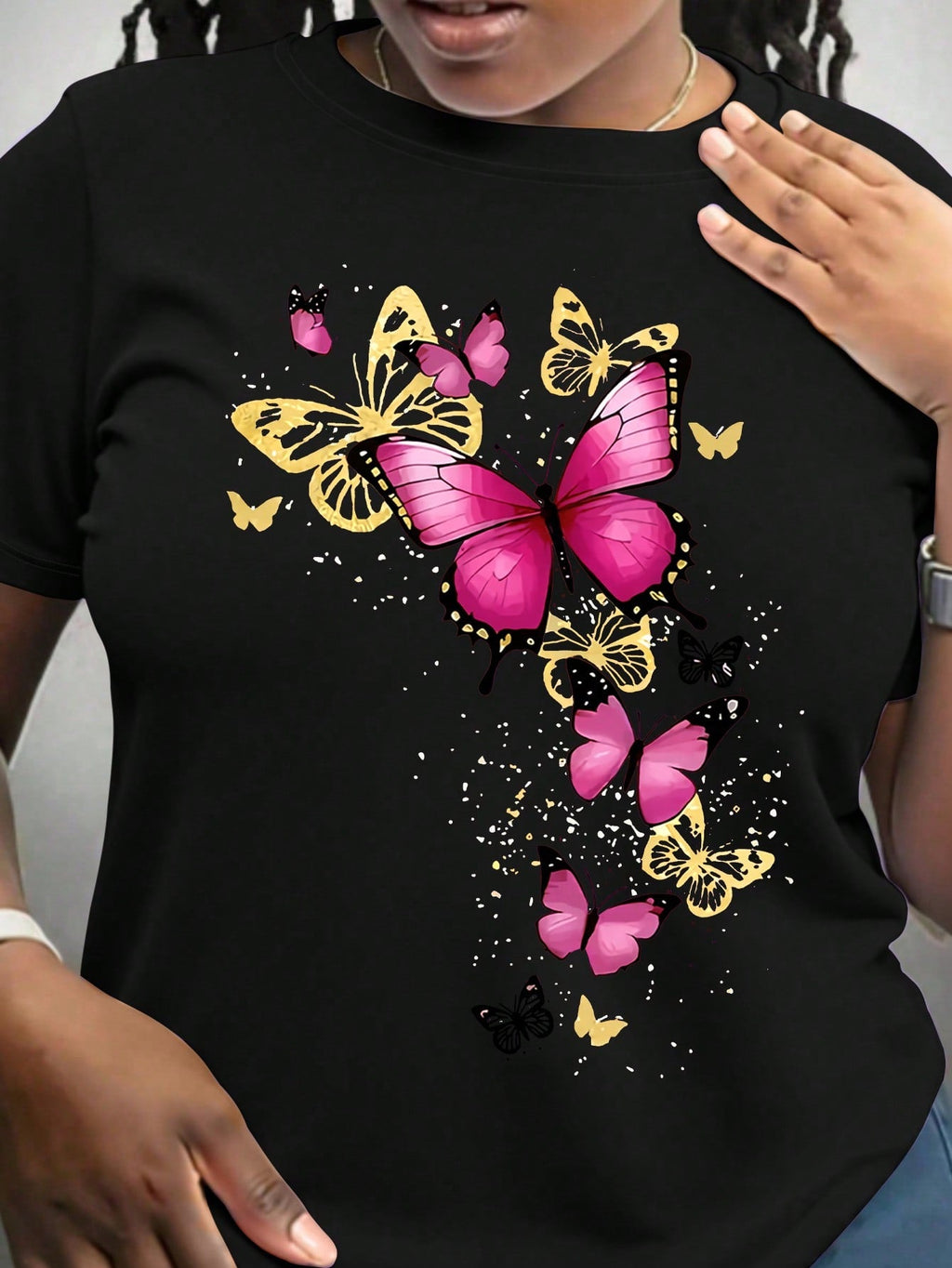 Plus Size Women's Casual Butterfly Print Round Neck Short Sleeve T-Shirt, Summer