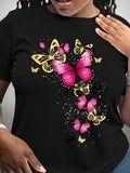 Plus Size Women's Casual Butterfly Print Round Neck Short Sleeve T-Shirt, Summer