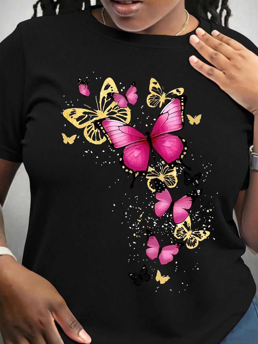 Plus Size Women's Casual Butterfly Print Round Neck Short Sleeve T-Shirt, Summer
