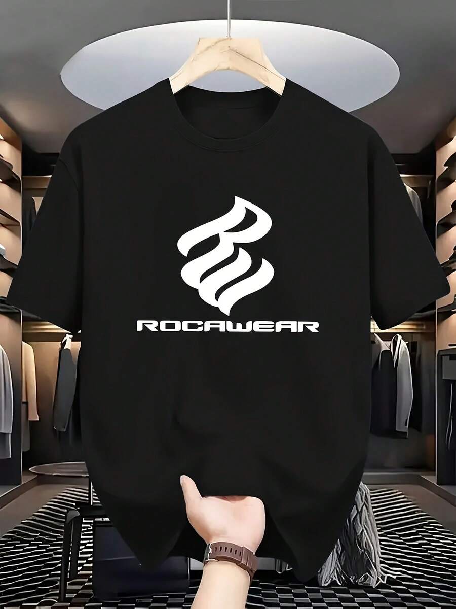 Men T-Shirt With Flame & ROCAWEAR Logo Print - Breathable Knit Fabric, Regular Fit Round Neck Short Sleeve Casual & Athletic Wear, Machine Washable For Travel & Daily Use, Travel Clothing, Comfortable Fit Shirt