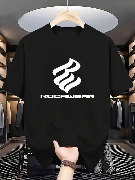Men T-Shirt With Flame & ROCAWEAR Logo Print - Breathable Knit Fabric, Regular Fit Round Neck Short Sleeve Casual & Athletic Wear, Machine Washable For Travel & Daily Use, Travel Clothing, Comfortable Fit Shirt