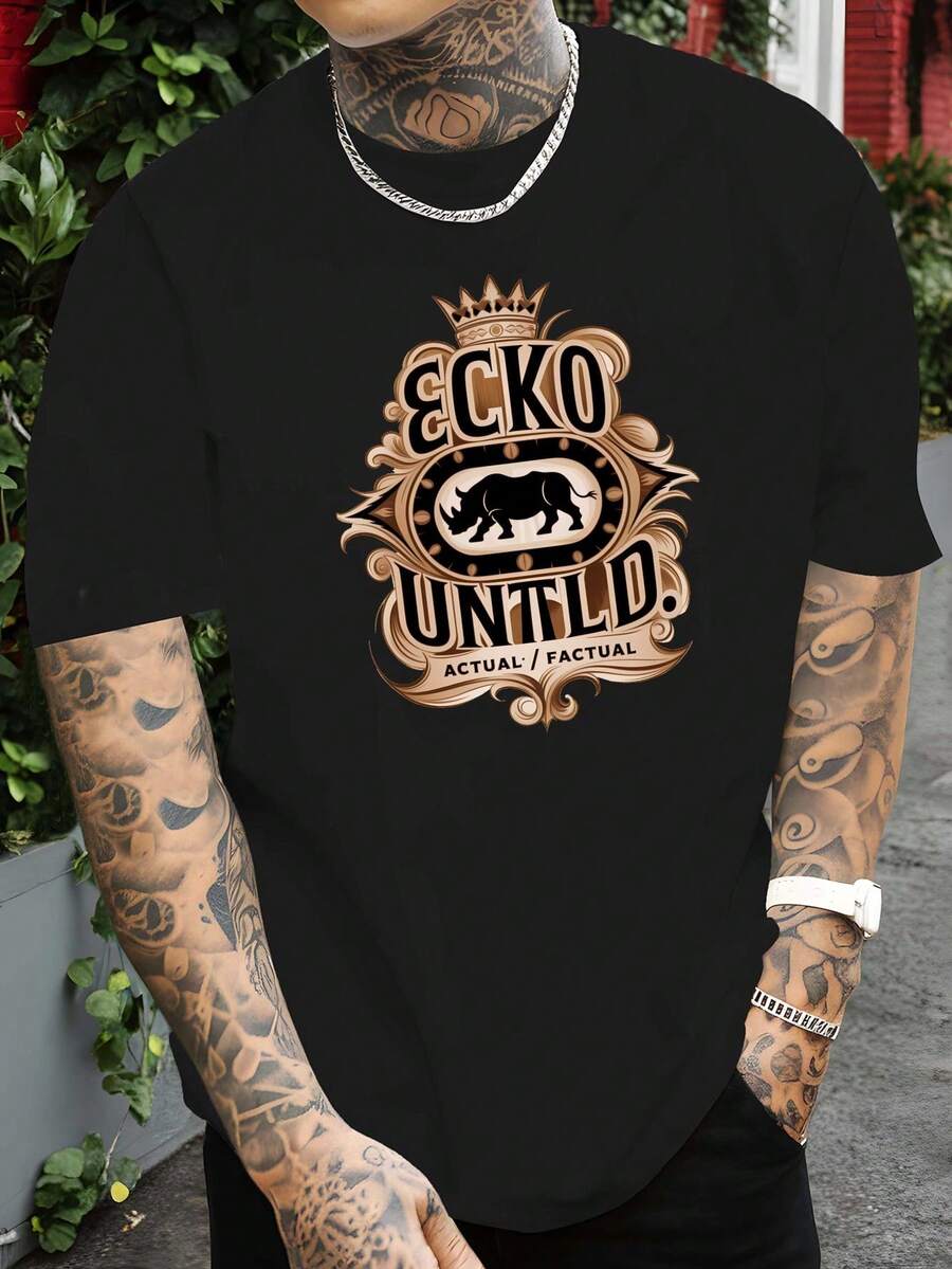 [Sporty T-Shirt]Rhino And Ecko Untld Men's T-Shirts Printed T-Shirts For Basketball Training, Round Neck Short-Sleeved Suits For Street Fashion And Gym Workouts, Essential Men's Summer WearRelaxed Plus Size T-Shirt