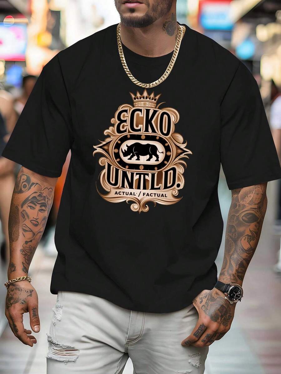 [Sporty T-Shirt]Rhino And Ecko Untld Men's T-Shirts Printed T-Shirts For Basketball Training, Round Neck Short-Sleeved Suits For Street Fashion And Gym Workouts, Essential Men's Summer WearRelaxed Plus Size T-Shirt