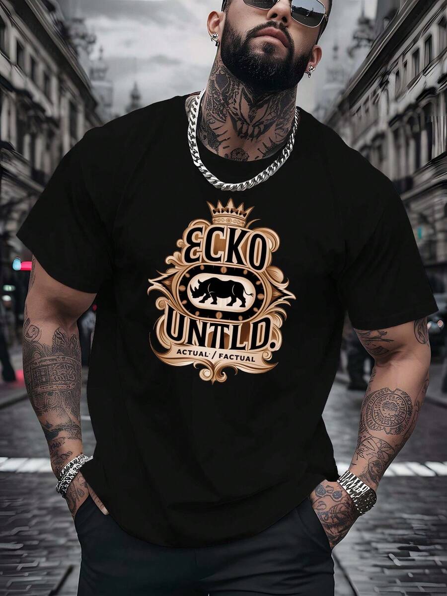 [Sporty T-Shirt]Rhino And Ecko Untld Men's T-Shirts Printed T-Shirts For Basketball Training, Round Neck Short-Sleeved Suits For Street Fashion And Gym Workouts, Essential Men's Summer WearRelaxed Plus Size T-Shirt