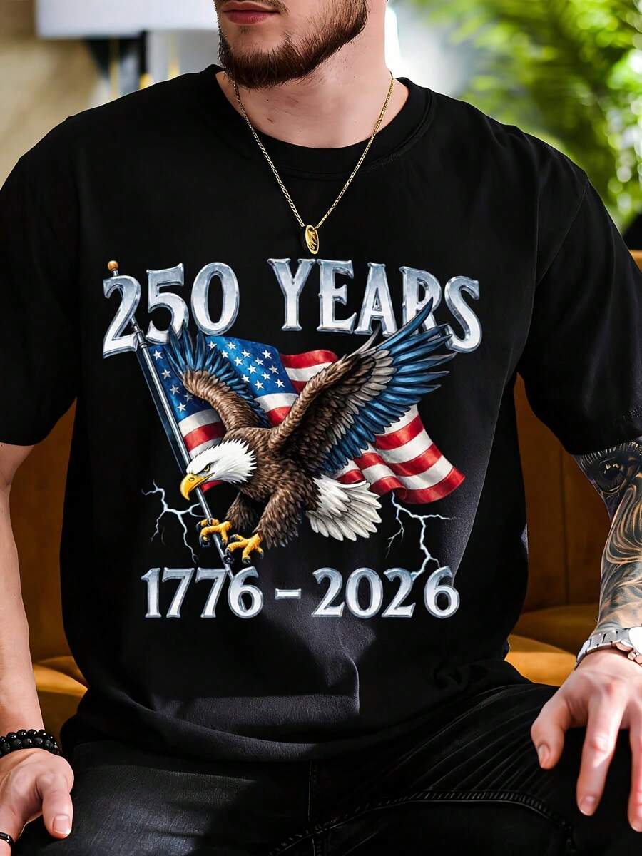 250 Years America Independence Day Eagle Flag 1776 2026 Patriotic T Shirt Men Women White Crewneck Casual Tee For USA Celebration Fourth Of July Memorial Day Birthday Gift