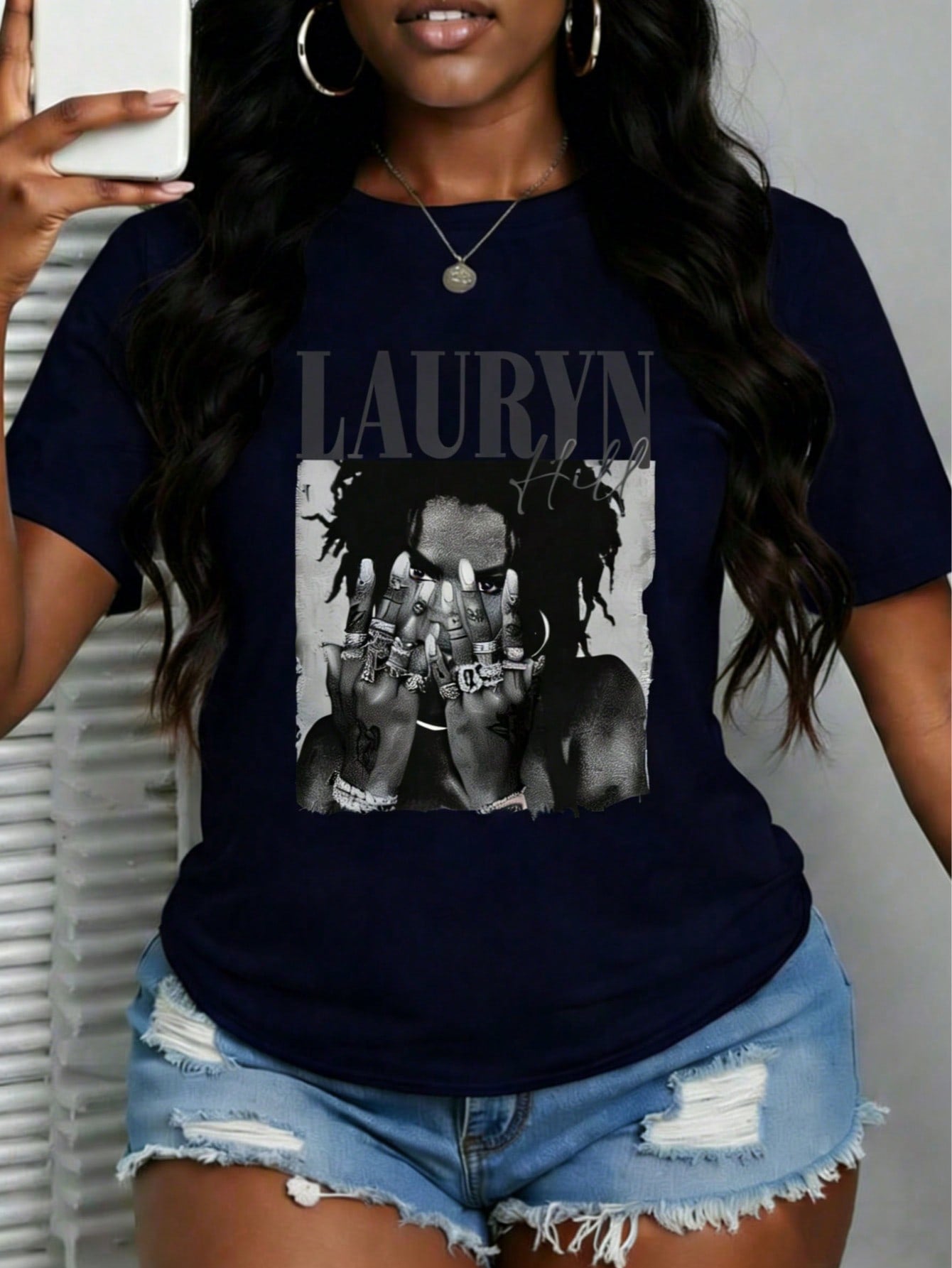 With Ring On Hand - 100% Cotton Women's T-Shirt/Lauren Hill/Letter Print/Vintage T-Shirt/Women's Casual Loose Round Neck Top/Spring And Summer-Niche Graffiti Prints T-Shirts-85841-102525