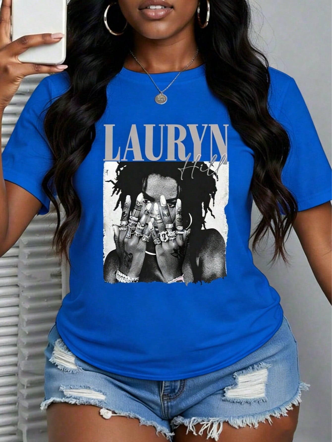 With Ring On Hand - 100% Cotton Women's T-Shirt/Lauren Hill/Letter Print/Vintage T-Shirt/Women's Casual Loose Round Neck Top/Spring And Summer-Niche Graffiti Prints T-Shirts-85841-102525
