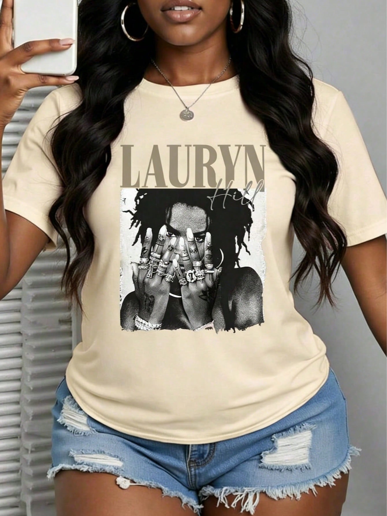 With Ring On Hand - 100% Cotton Women's T-Shirt/Lauren Hill/Letter Print/Vintage T-Shirt/Women's Casual Loose Round Neck Top/Spring And Summer-Niche Graffiti Prints T-Shirts-85841-102525