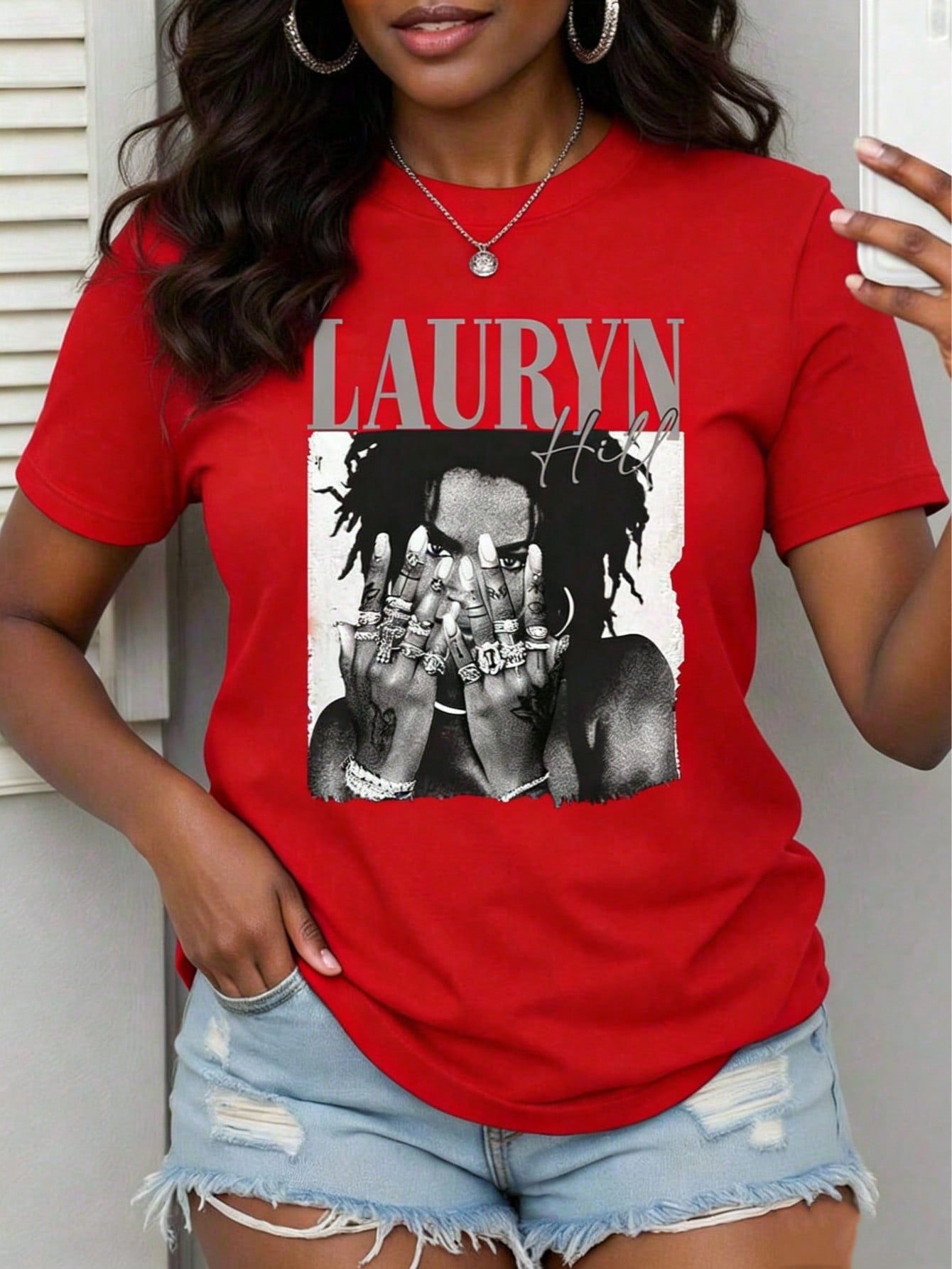 With Ring On Hand - 100% Cotton Women's T-Shirt/Lauren Hill/Letter Print/Vintage T-Shirt/Women's Casual Loose Round Neck Top/Spring And Summer-Niche Graffiti Prints T-Shirts-85841-102525