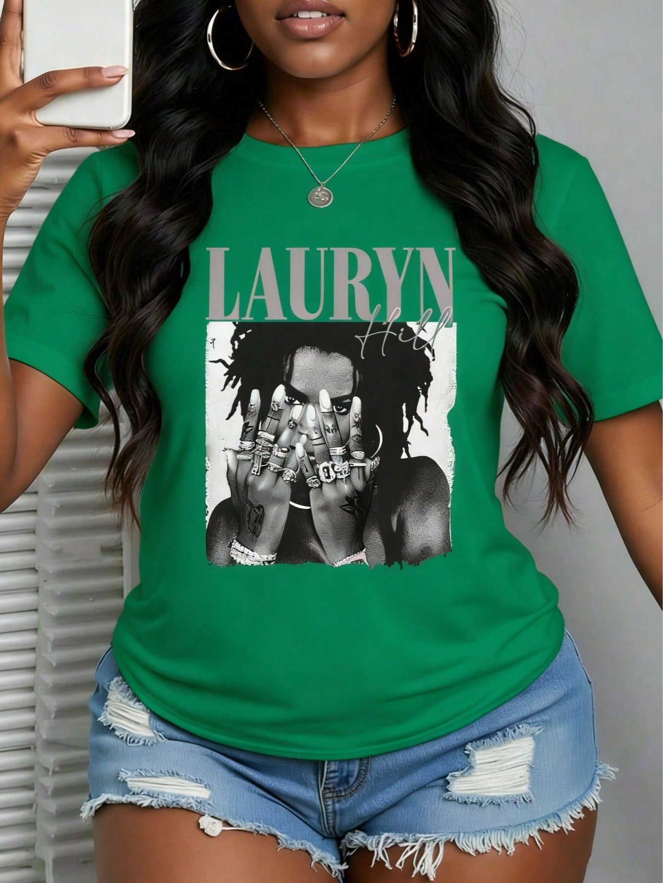 With Ring On Hand - 100% Cotton Women's T-Shirt/Lauren Hill/Letter Print/Vintage T-Shirt/Women's Casual Loose Round Neck Top/Spring And Summer-Niche Graffiti Prints T-Shirts-85841-102525