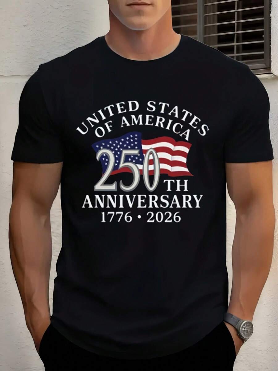 Men's United States Of America 250th Anniversary 1776 2026 Flag Print Round Neck T-Shirt For Independence Day Celebration Comfortable Fabric Suitable For Gifting