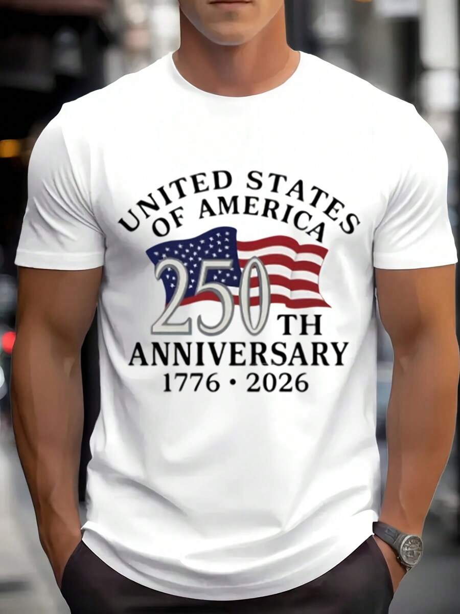 Men's United States Of America 250th Anniversary 1776 2026 Flag Print Round Neck T-Shirt For Independence Day Celebration Comfortable Fabric Suitable For Gifting