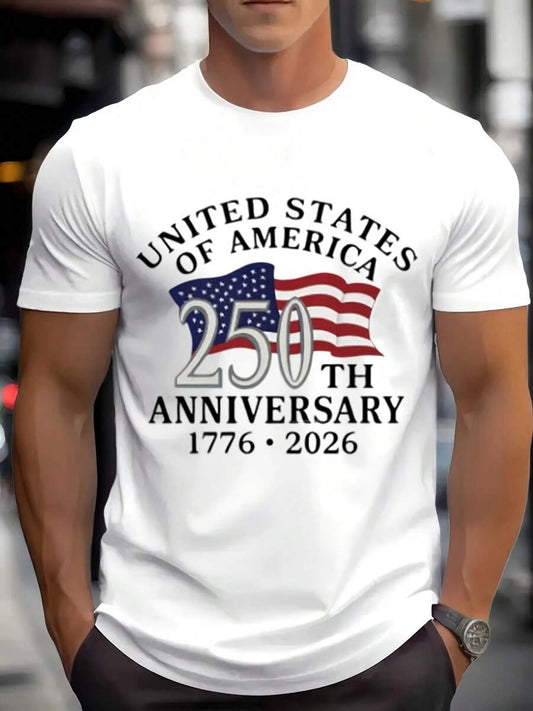 Men's United States Of America 250th Anniversary 1776 2026 Flag Print Round Neck T-Shirt For Independence Day Celebration Comfortable Fabric Suitable For Gifting