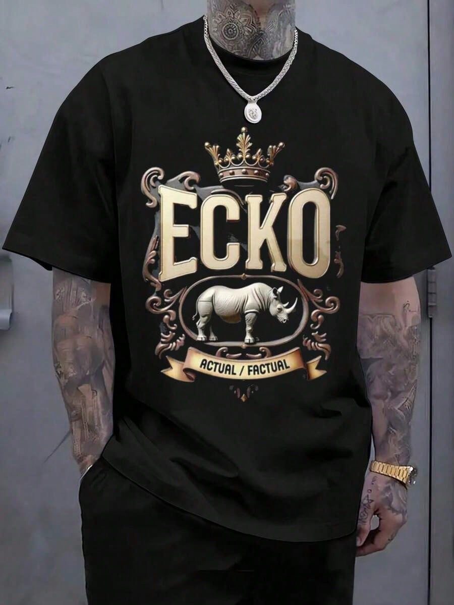 Men's Print T-Shirt - Ecko Crown Rhino Actual Picture Emblem Casual Round Neck Short Sleeve Tee For Urban Streetwear, All-Season Comfort Fit -Black{S-4xl}Relaxed Plus Size T-Shirt