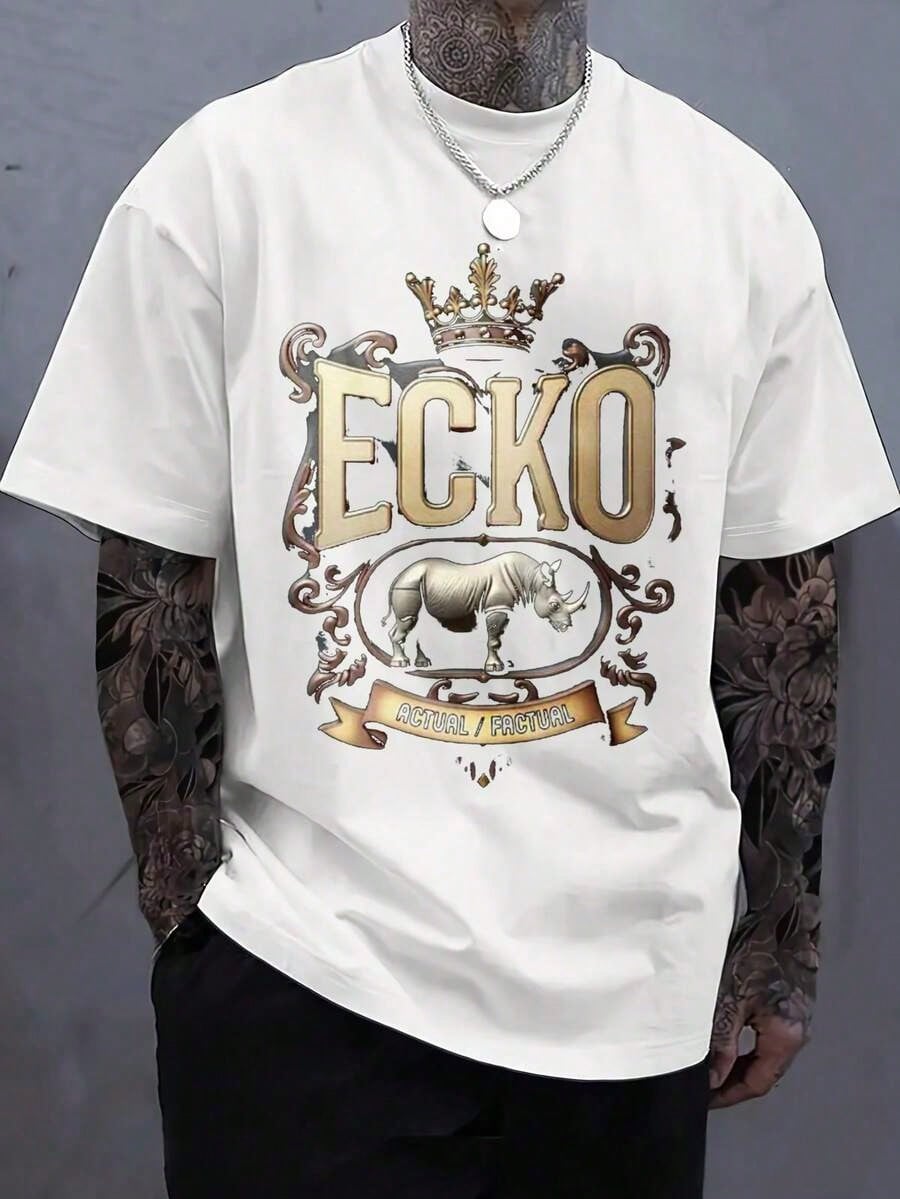 Men's Print T-Shirt - Ecko Crown Rhino Actual Picture Emblem Casual Round Neck Short Sleeve Tee For Urban Streetwear, All-Season Comfort Fit -Black{S-4xl}Relaxed Plus Size T-Shirt