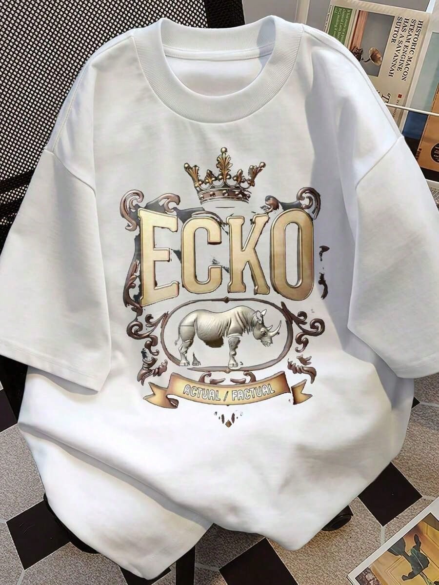 Men's Print T-Shirt - Ecko Crown Rhino Actual Picture Emblem Casual Round Neck Short Sleeve Tee For Urban Streetwear, All-Season Comfort Fit -Black{S-4xl}Relaxed Plus Size T-Shirt