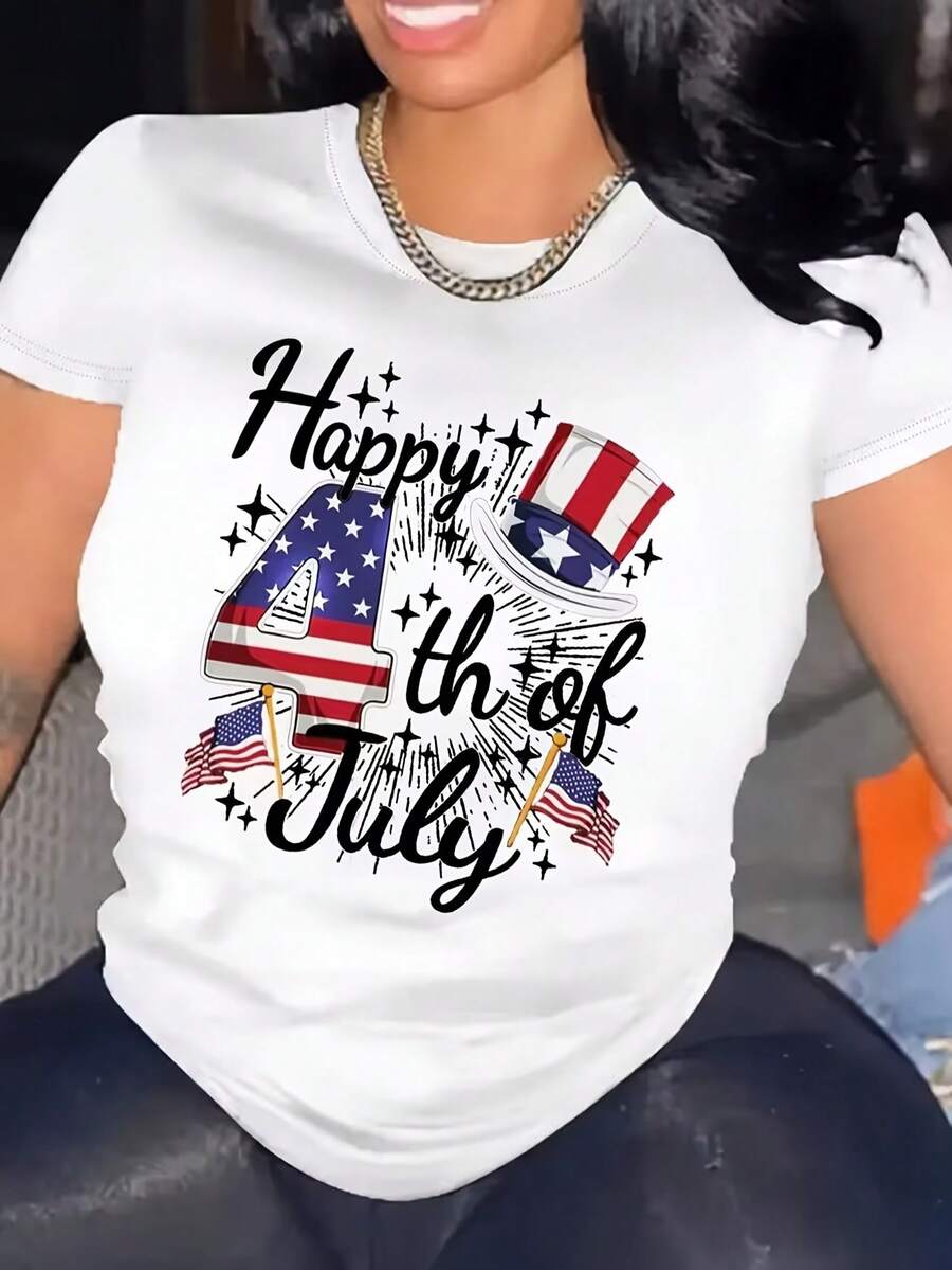 Women's HAPPY 4 TH OF JULY Printed Casual Fashion Short Sleeve Crew Neck Top, Comfortable Fit, Machine Washable, Casual And Fashionable Top, Women's Spring & Summer Clothing,Suitable For Family Gatherings And Trave