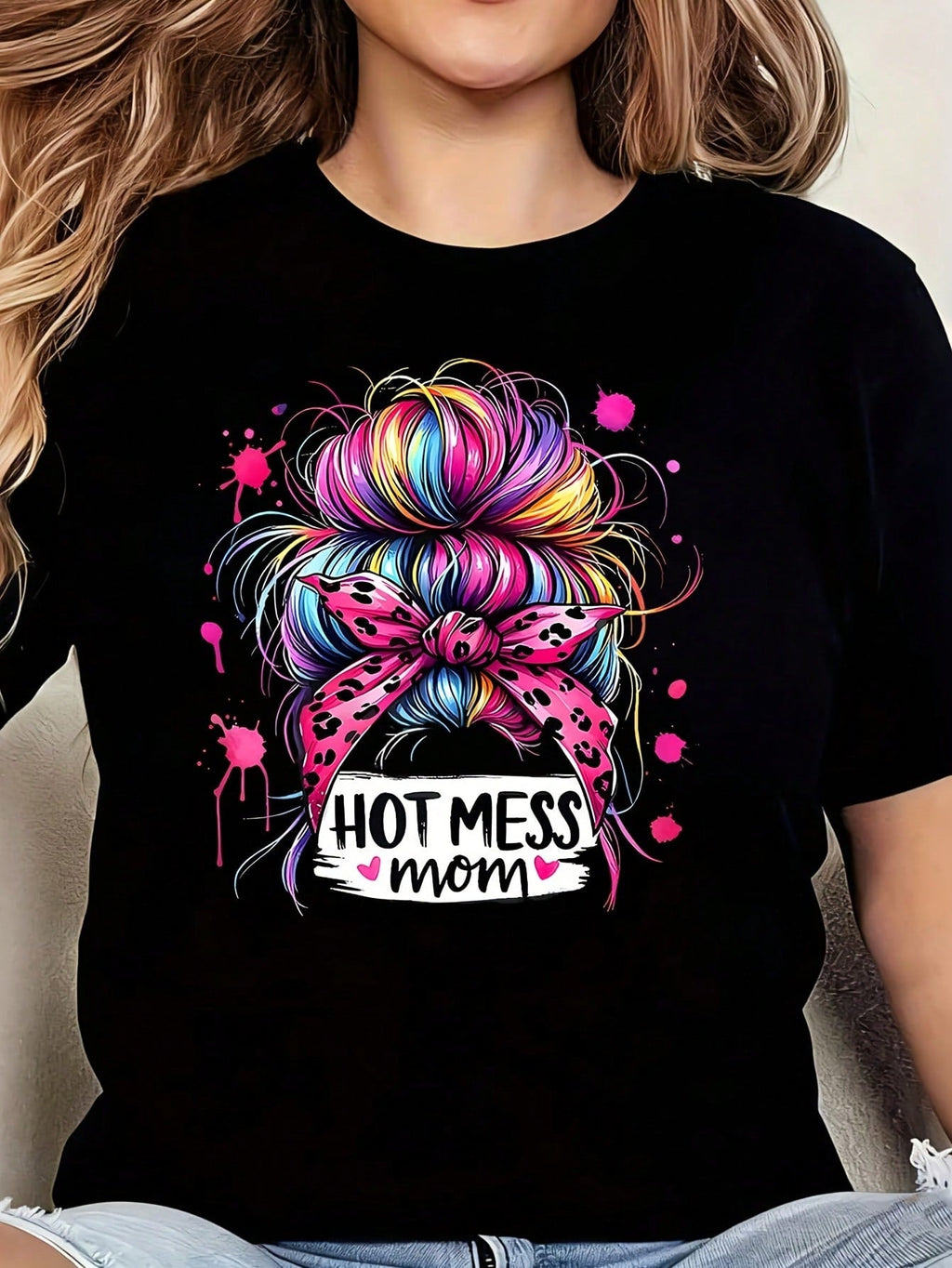 Hot Mess Mom 1 Pcs Women's Plus Size T-Shirt Oversized Graphic Short 220g Sleeve Tee Novelty 100% Polyester Shirt Casual Crew Neck Top