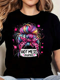 Hot Mess Mom 1 Pcs Women's Plus Size T-Shirt Oversized Graphic Short 220g Sleeve Tee Novelty 100% Polyester Shirt Casual Crew Neck Top