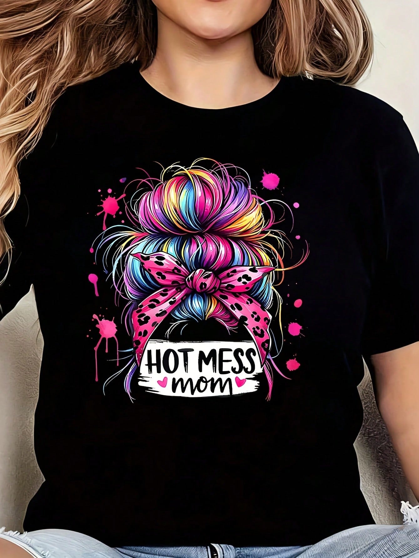 Hot Mess Mom 1 Pcs Women's Plus Size T-Shirt Oversized Graphic Short 220g Sleeve Tee Novelty 100% Polyester Shirt Casual Crew Neck Top