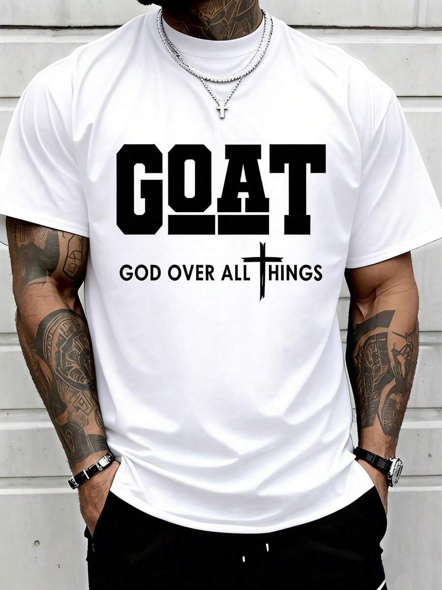 100% Cotton Goat God Over All Things Funny Jesus Christian Printed T-Shirt, Short-Sleeved Crew Neck Casual Top, Suitable For All Seasons, Men's Wear