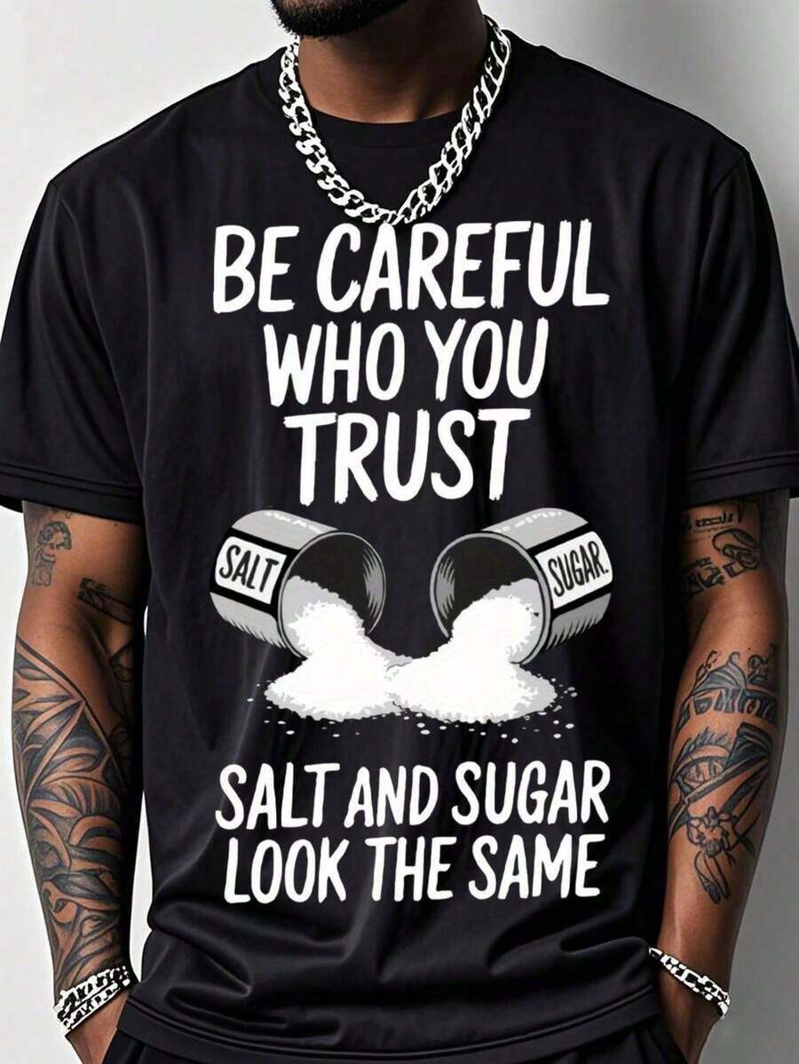 Men's Funny Gym T-Shirt With Salt & Sugar Trust Graphic Print - 200g Heavyweight Cotton Relaxed Fit Breathable Short Sleeve Crew Neck Casual & Workout Shirt For Summer - Salt Shaker Design Fitness Apparel For Salt Lovers (Machine Washable) - Black With Wh