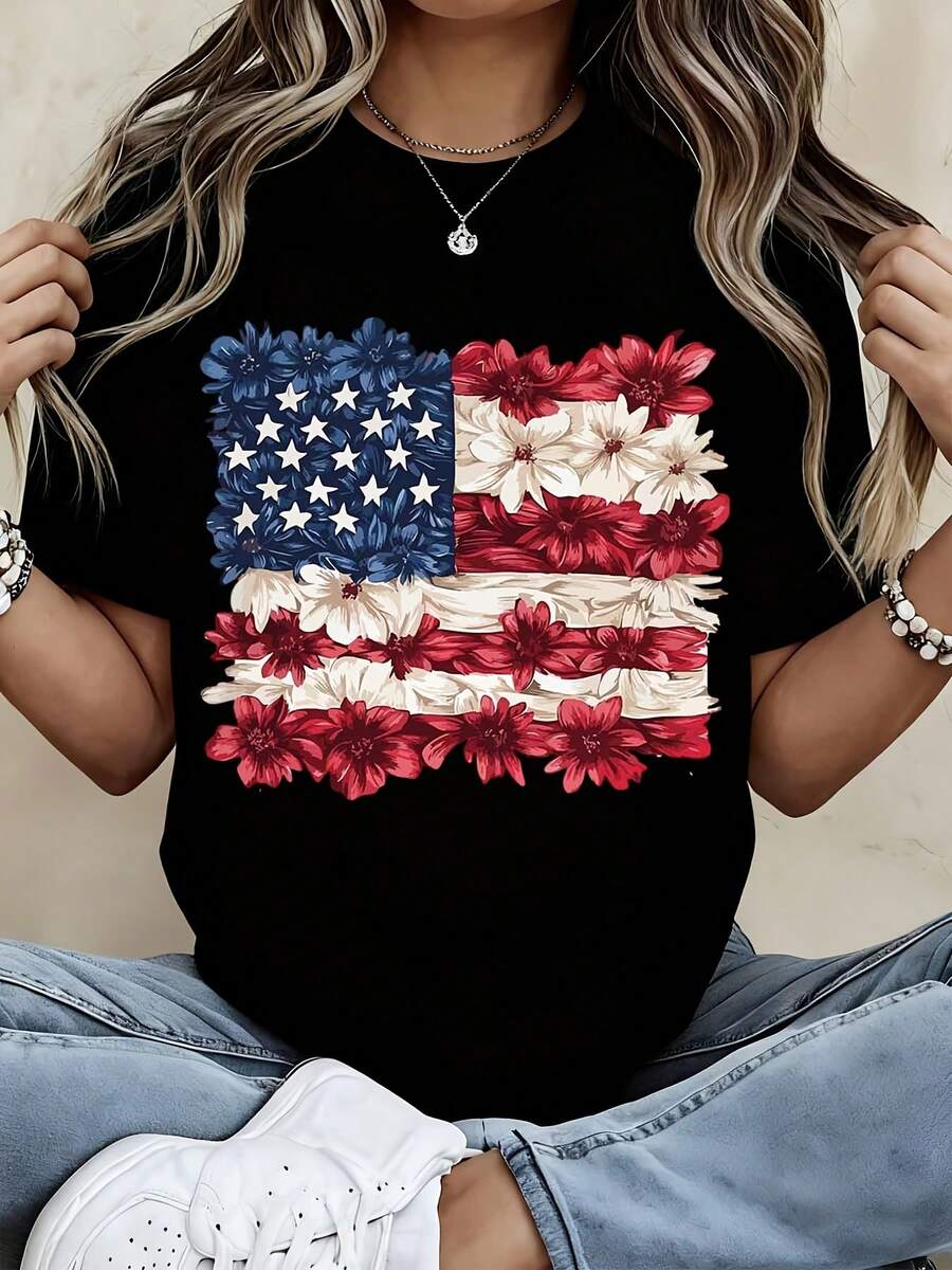 Floral American Flag T-Shirt Women Casual Patriotic Print Top For Independence Day Celebration Summer Outfit