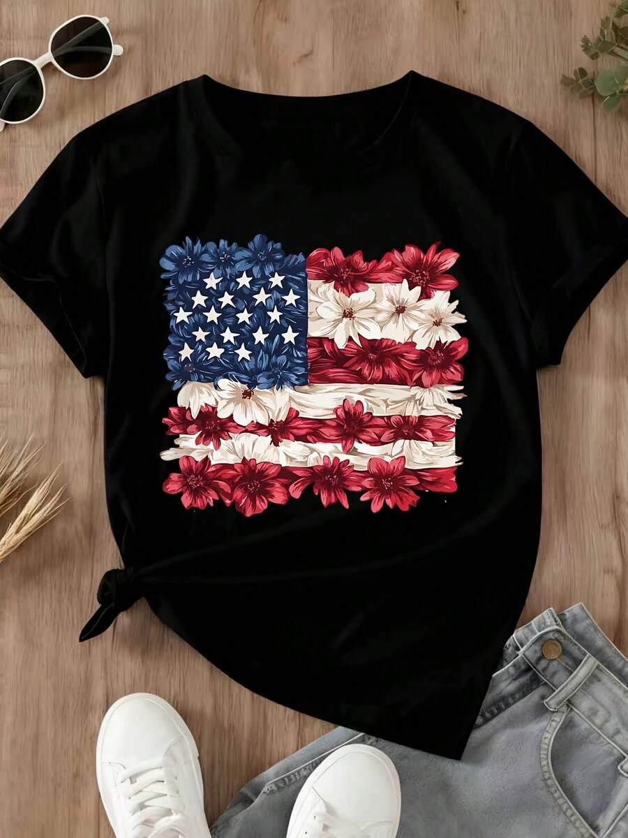 Floral American Flag T-Shirt Women Casual Patriotic Print Top For Independence Day Celebration Summer Outfit