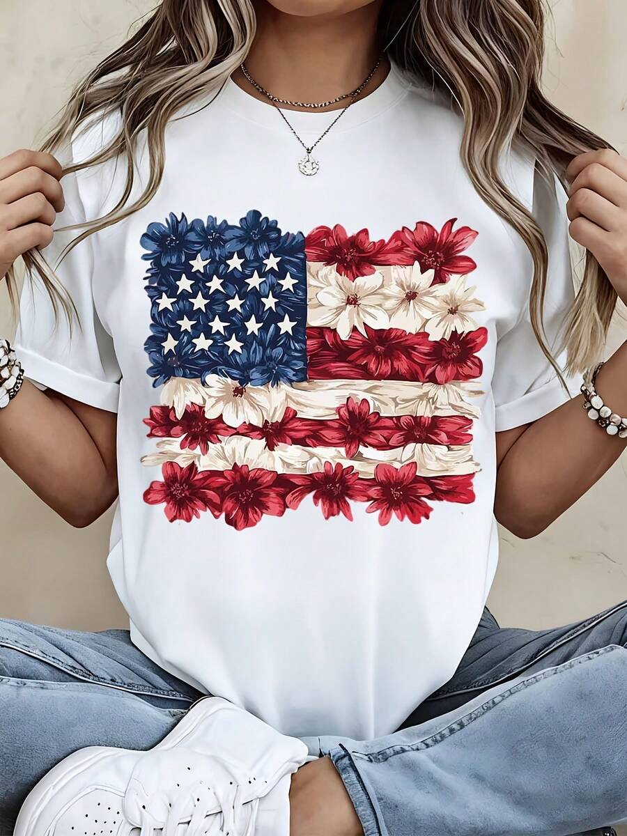 Floral American Flag T-Shirt Women Casual Patriotic Print Top For Independence Day Celebration Summer Outfit