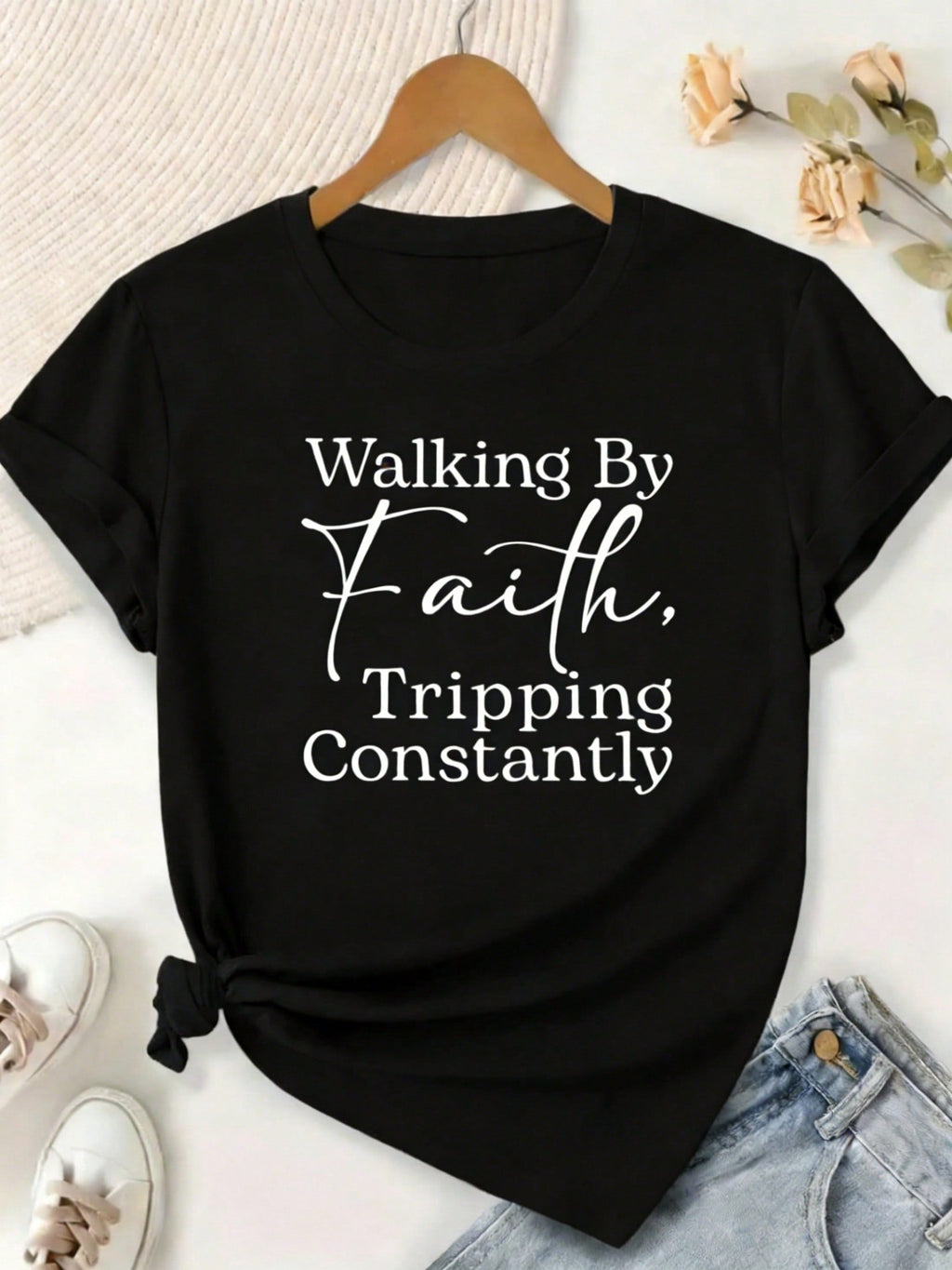 Plus-Size Women's-Shirt, Printed With Bible Verse Walk By Faith, Often Stumble - Christian Faith Apparel, Short-Sleeved, Round-Neck, Casual Wear BHOK