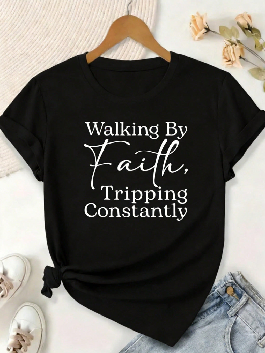 Plus-Size Women's-Shirt, Printed With Bible Verse Walk By Faith, Often Stumble - Christian Faith Apparel, Short-Sleeved, Round-Neck, Casual Wear BHOK