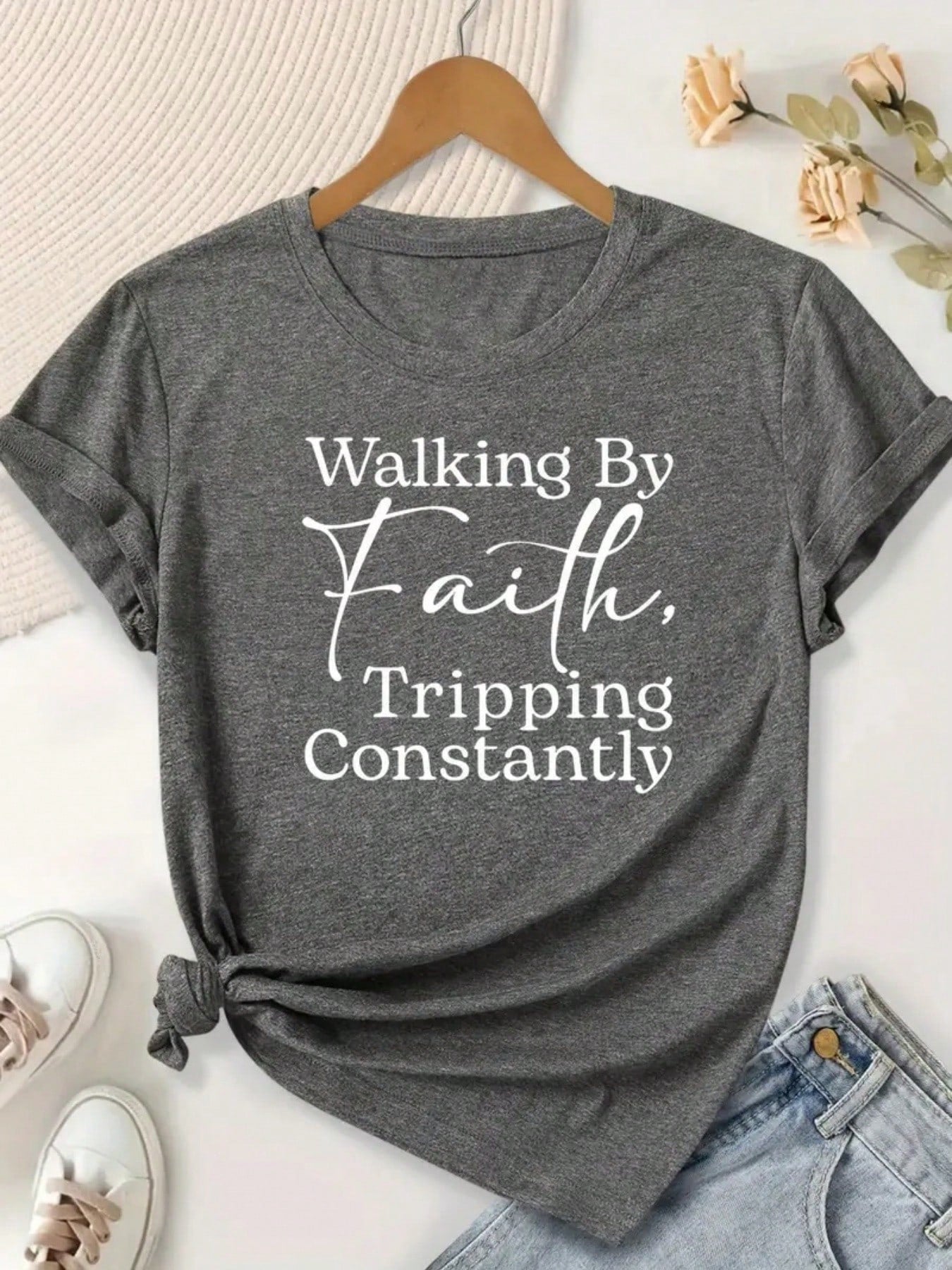 Plus-Size Women's-Shirt, Printed With Bible Verse Walk By Faith, Often Stumble - Christian Faith Apparel, Short-Sleeved, Round-Neck, Casual Wear BHOK