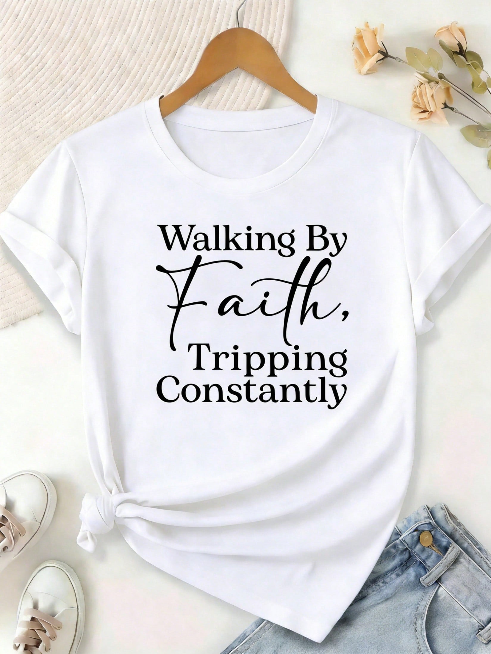 Plus-Size Women's-Shirt, Printed With Bible Verse Walk By Faith, Often Stumble - Christian Faith Apparel, Short-Sleeved, Round-Neck, Casual Wear BHOK