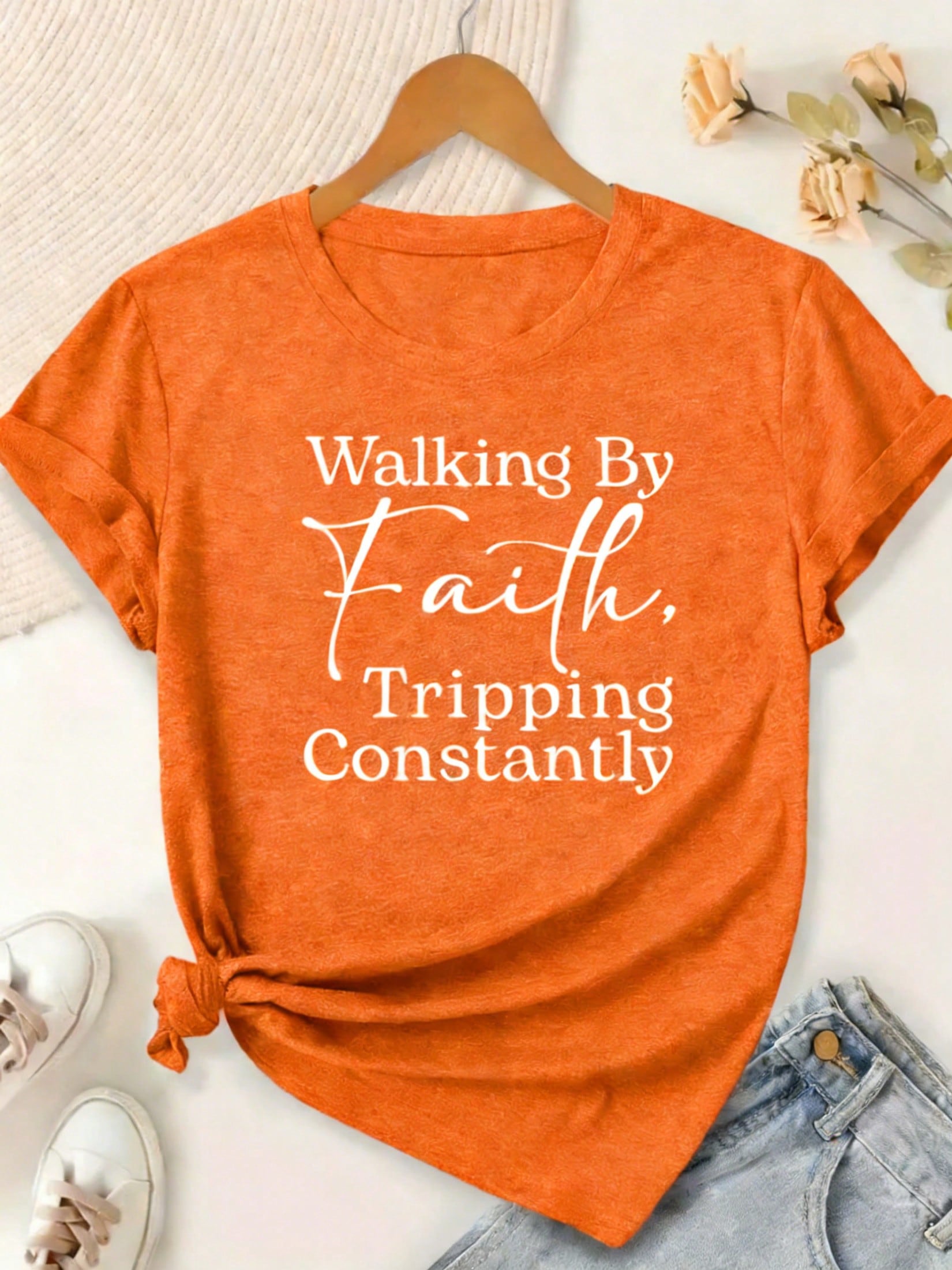 Plus-Size Women's-Shirt, Printed With Bible Verse Walk By Faith, Often Stumble - Christian Faith Apparel, Short-Sleeved, Round-Neck, Casual Wear BHOK