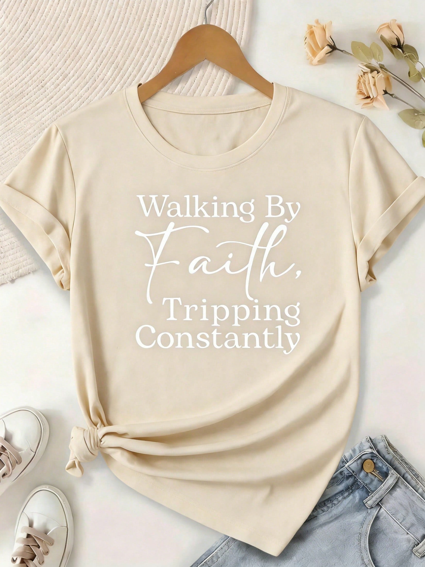 Plus-Size Women's-Shirt, Printed With Bible Verse Walk By Faith, Often Stumble - Christian Faith Apparel, Short-Sleeved, Round-Neck, Casual Wear BHOK
