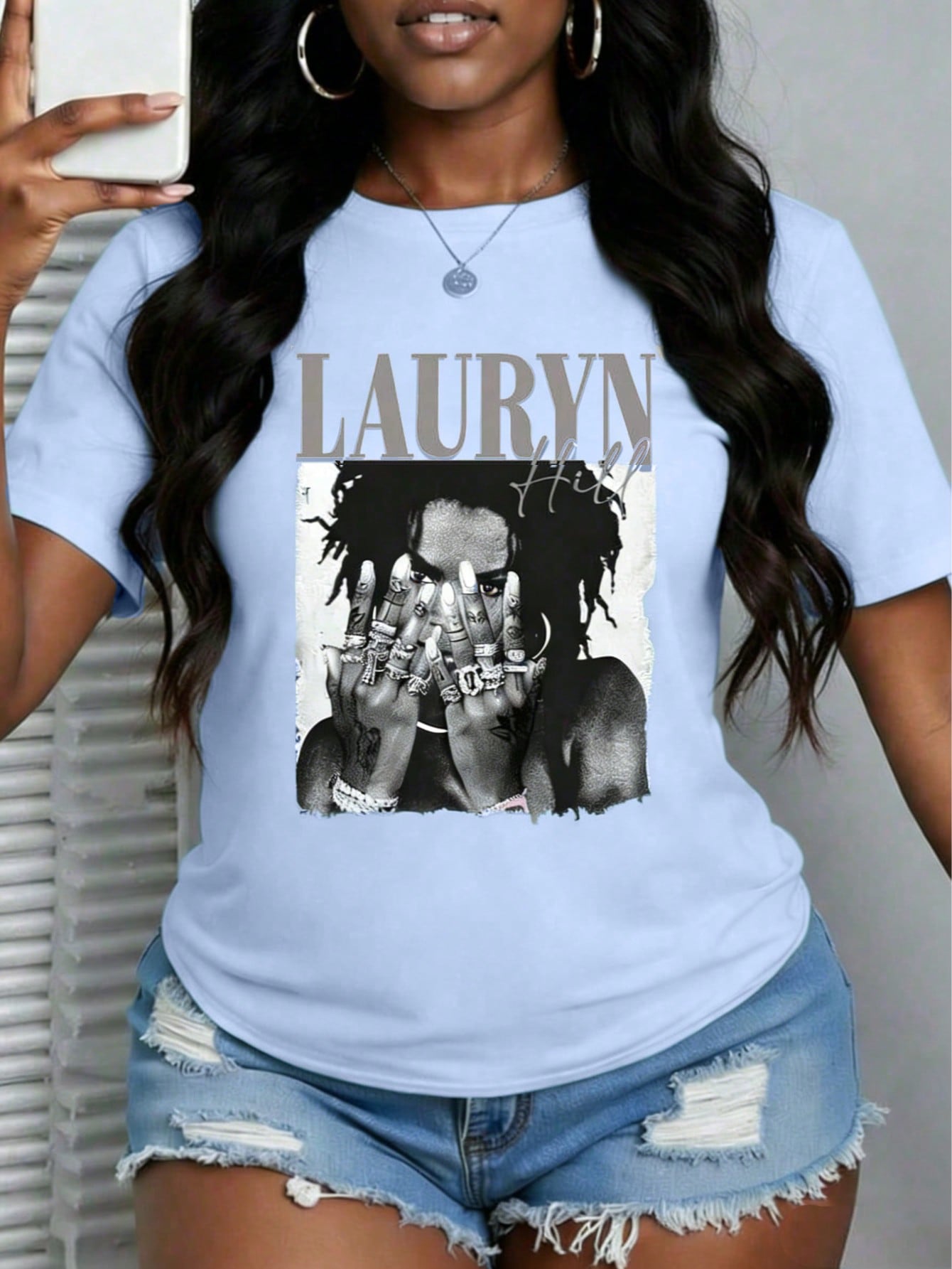 With Ring On Hand - 100% Cotton Women's T-Shirt/Lauren Hill/Letter Print/Vintage T-Shirt/Women's Casual Loose Round Neck Top/Spring And Summer-Niche Graffiti Prints T-Shirts-85841-102525