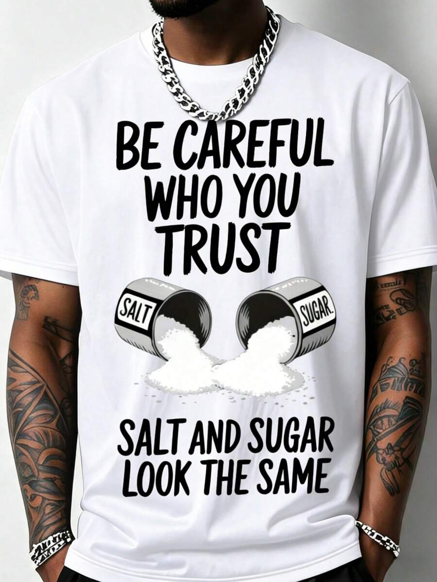 Men's Funny Gym T-Shirt With Salt & Sugar Trust Graphic Print - 200g Heavyweight Cotton Relaxed Fit Breathable Short Sleeve Crew Neck Casual & Workout Shirt For Summer - Salt Shaker Design Fitness Apparel For Salt Lovers (Machine Washable) - Black With Wh