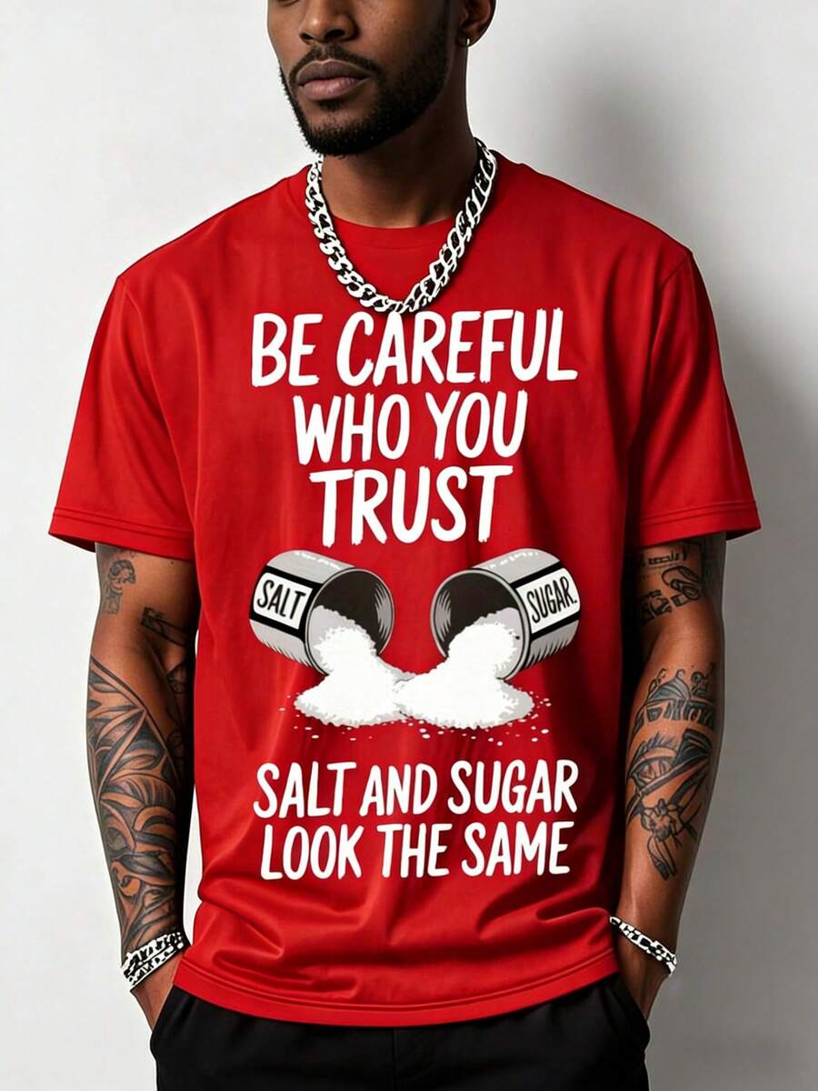 Men's Funny Gym T-Shirt With Salt & Sugar Trust Graphic Print - 200g Heavyweight Cotton Relaxed Fit Breathable Short Sleeve Crew Neck Casual & Workout Shirt For Summer - Salt Shaker Design Fitness Apparel For Salt Lovers (Machine Washable) - Black With Wh
