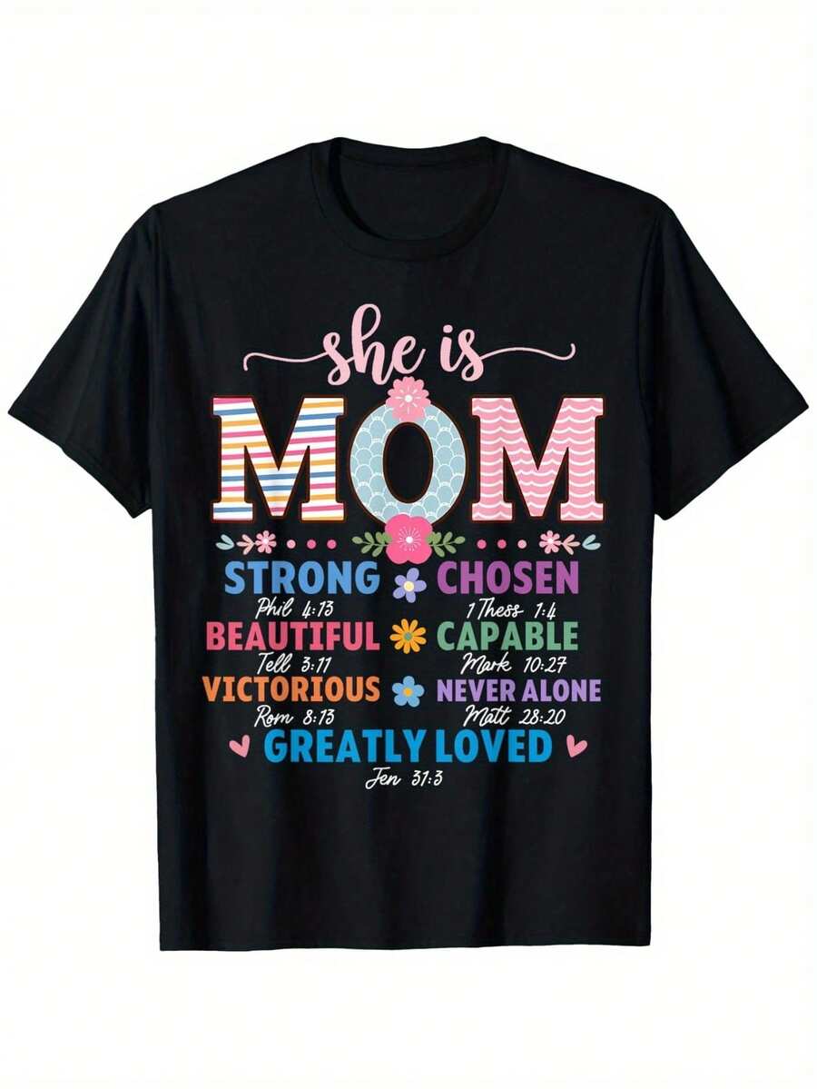 She Is Mom Christian Bible Verse T-Shirt - Inspirational Mother'S Day Gift With Floral & Faith Design, Soft Breathable Crew Neck Tee, Comfort Fit Unisex Short Sleeve Top For Women & Men, Bible Verse Quotes (Psalm 127:2, Proverbs 31:25