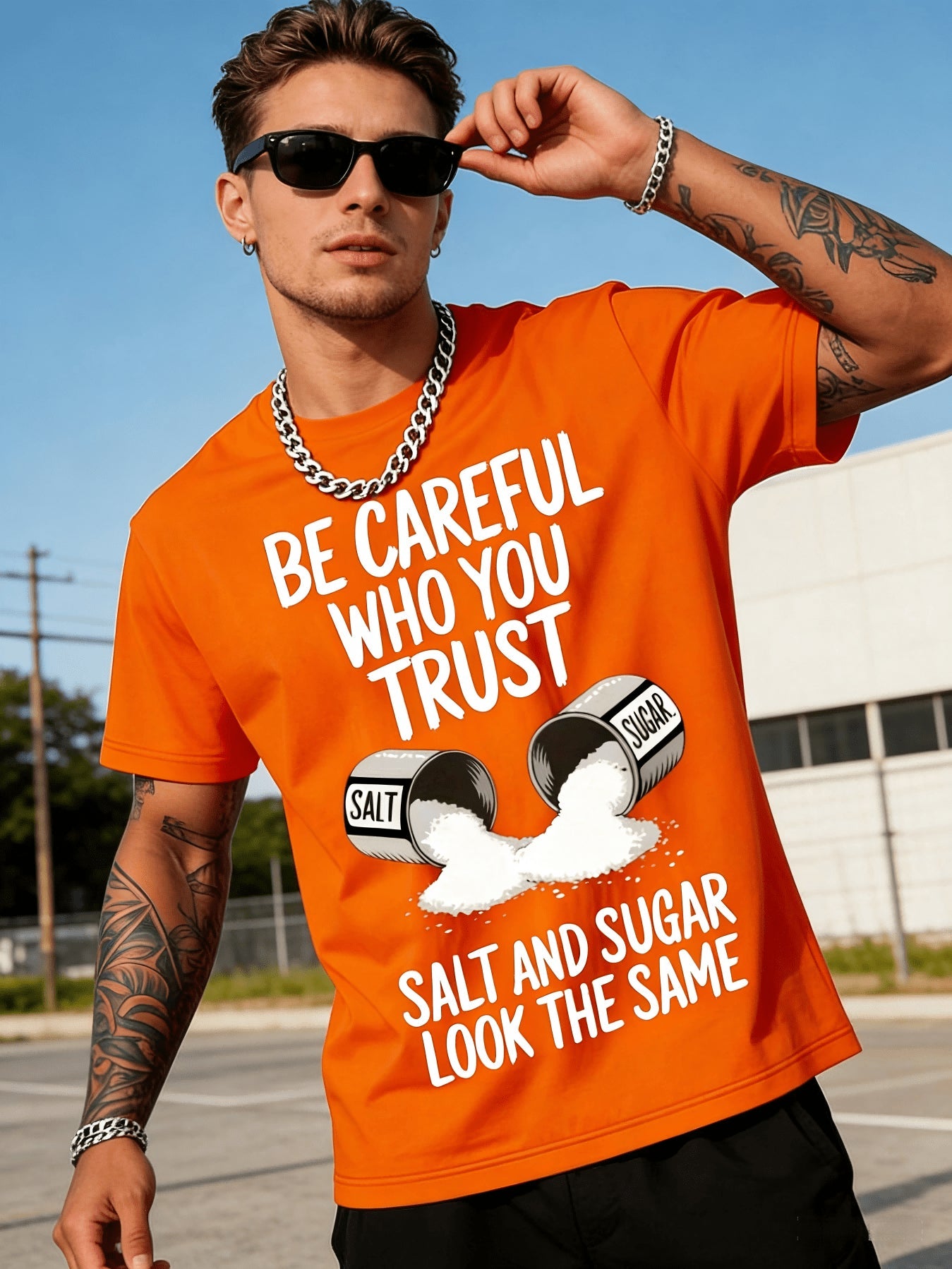Men's Funny Gym T-Shirt With Salt & Sugar Trust Graphic Print - 200g Heavyweight Cotton Relaxed Fit Breathable Short Sleeve Crew Neck Casual & Workout Shirt For Summer - Salt Shaker Design Fitness Apparel For Salt Lovers (Machine Washable) - Black With Wh