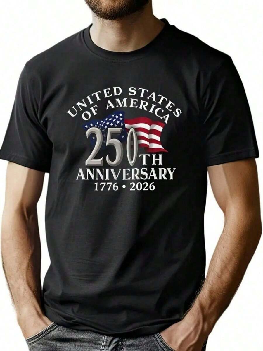 1pc Man' S American Flag 250th Anniversary Print Black TShirt, Crew Neck, Casual Cotton Tee, Medium Stretch Knit Fabric, Regular Fit For Boys& Man, Perfect For Spring/Summer/Fall