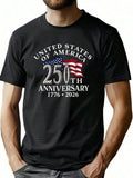 1pc Man' S American Flag 250th Anniversary Print Black TShirt, Crew Neck, Casual Cotton Tee, Medium Stretch Knit Fabric, Regular Fit For Boys& Man, Perfect For Spring/Summer/Fall