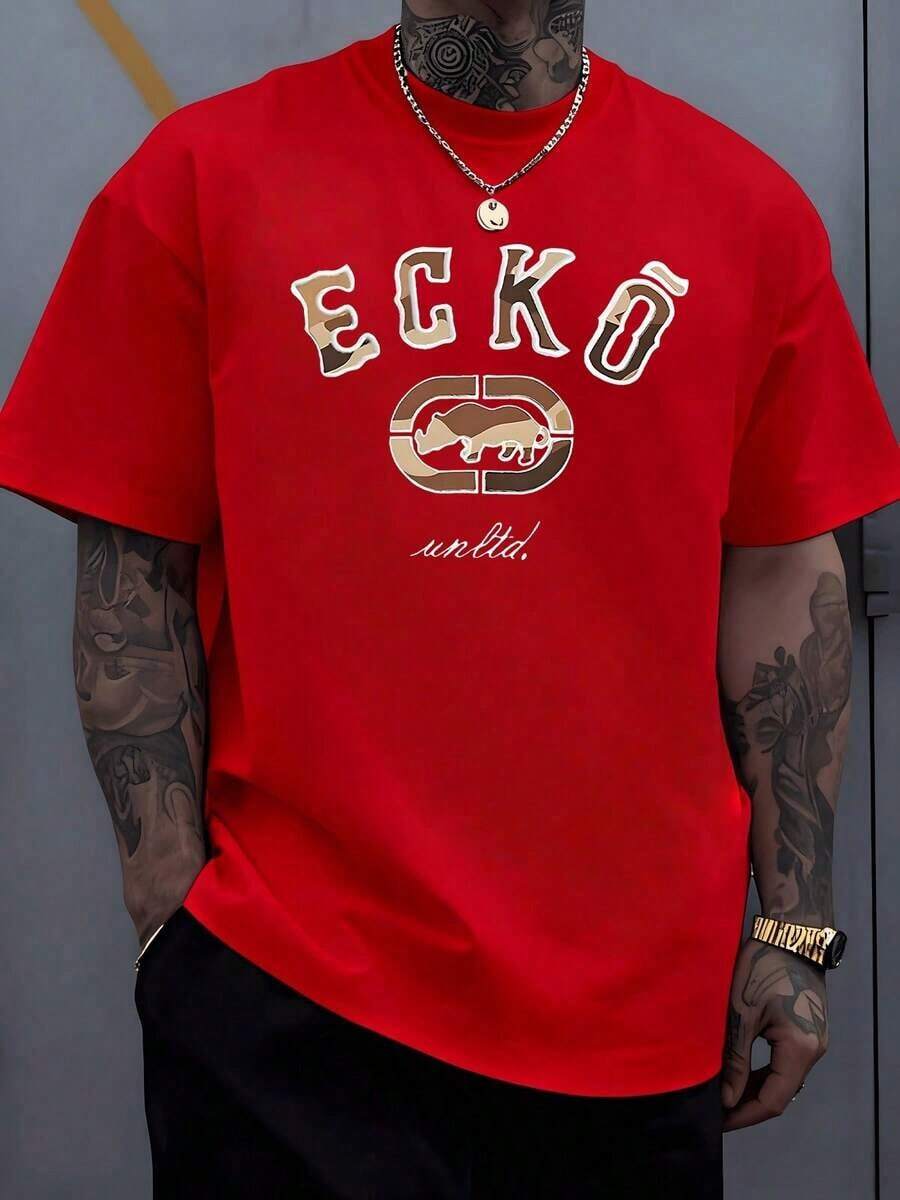 The Iconic ECKO Unltd Graphic Features A Bold Rhino Emblem With Urban Camouflage Lettering Symbolizing Strength Individuality Urban Culture And Authenticity 220g TshirtCasual Short-Sleeve T-Shirts For Men And Women