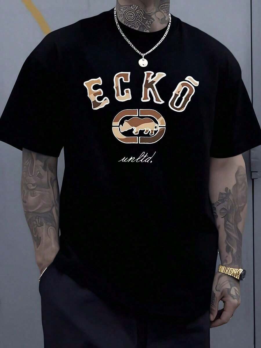 The Iconic ECKO Unltd Graphic Features A Bold Rhino Emblem With Urban Camouflage Lettering Symbolizing Strength Individuality Urban Culture And Authenticity 220g TshirtCasual Short-Sleeve T-Shirts For Men And Women