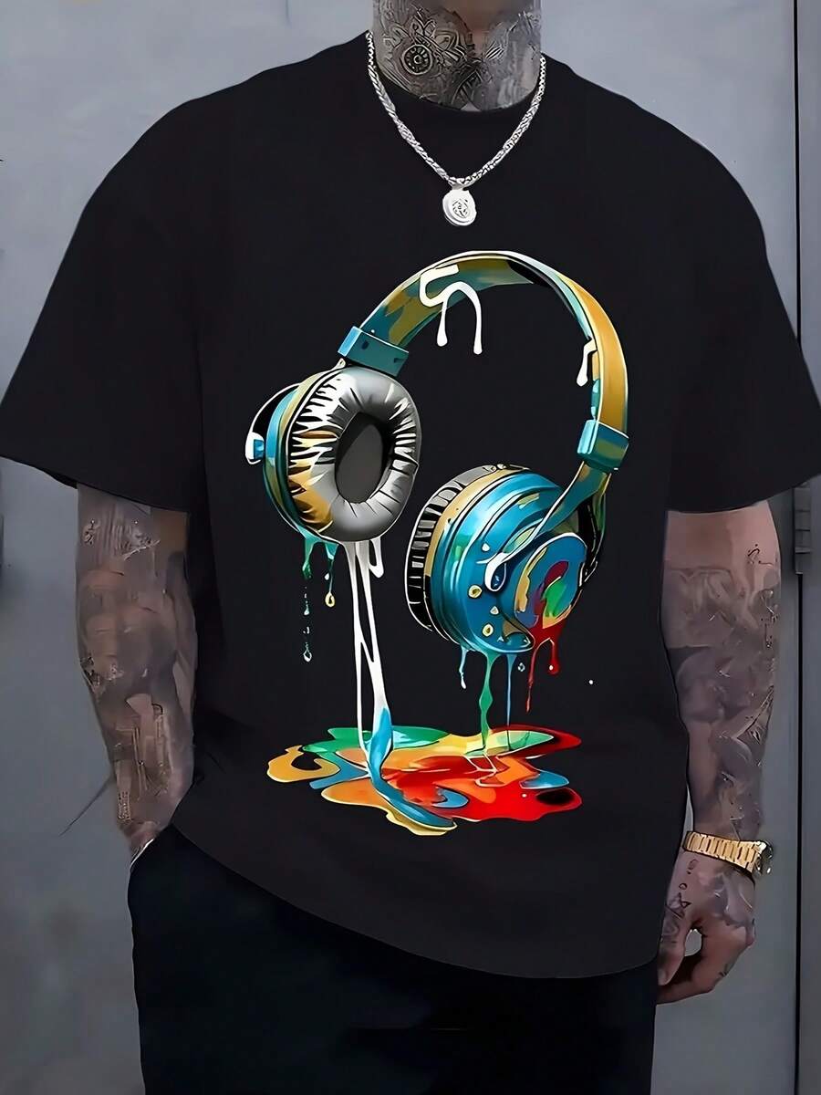 Men'S Streetwear Graphic T-Shirt | Vibrant Headphones And Paint Splatter Print, Breathable Fabric, Loose Casual Summer T-Shirt, Machine Washable, Casual Wear