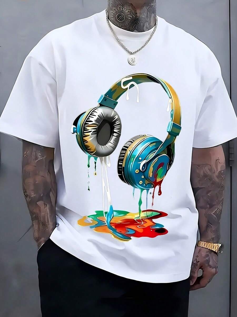 Men'S Streetwear Graphic T-Shirt | Vibrant Headphones And Paint Splatter Print, Breathable Fabric, Loose Casual Summer T-Shirt, Machine Washable, Casual Wear